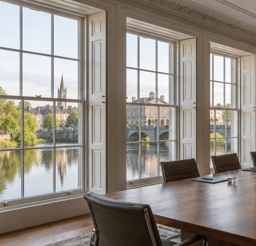 Boardroom with tall sash windows overlooking the River Fergus in Ennis, County Clare